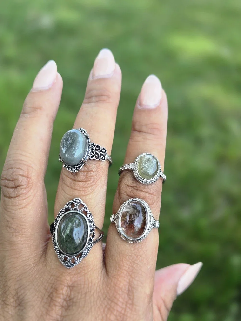 Garden Quartz Lodolite Ring Silver Crown Adjustable